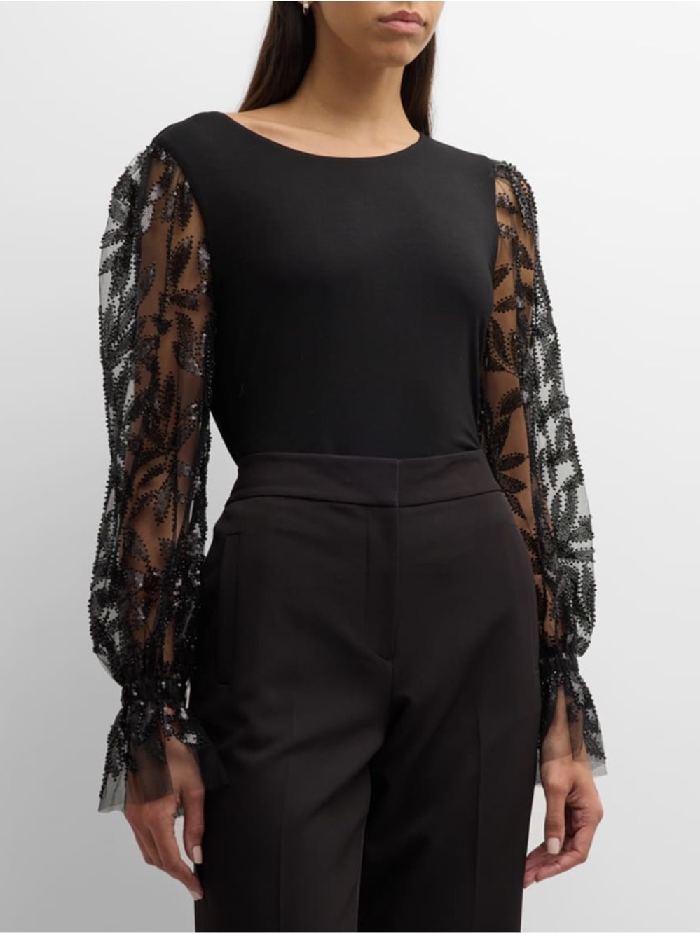 Elie Tahari Black Beaded “Ellen” Illusion-Sleeve Top